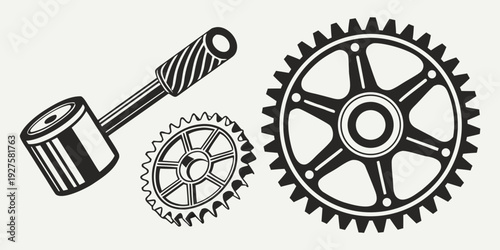 Close-up view of mechanical gears and a wrench in an industrial setting. Vector