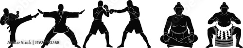 Martial arts silhouettes, karate gi, boxing stance, meditation pose, sumo wrestling, high kick, combat sports, discipline, fitness, tradition, flavector
