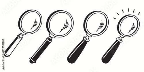 Four magnifying glasses with different features and details in a row Vector
