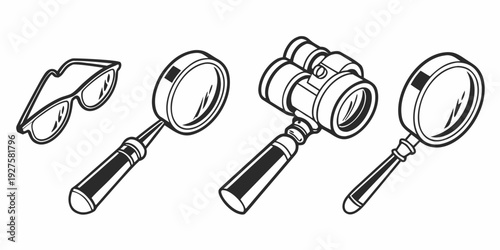 Assorted magnifying glasses and loupes for detailed inspection and examination Vector