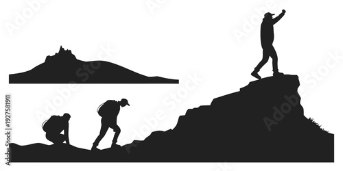 Silhouettes of hikers climbing a mountain with a scenic view in the distance Vector