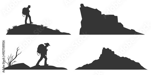 Silhouettes of hikers and mountains showcasing outdoor adventure and exploration. Vector
