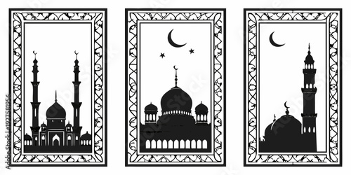 Three vintage postage stamps featuring intricate architectural designs and patterns Vector