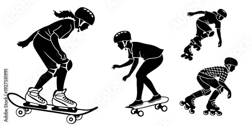 Skateboarders performing various tricks in a sequence of movements. Vector