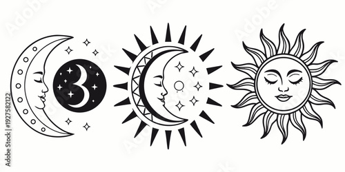 Celestial bodies transition from new moon to full moon to sun with yin and yang symbol Vector