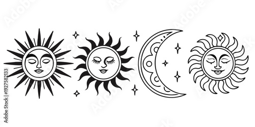 Astronomical symbols depicting the sun, moon, and star in a celestial dance Vector