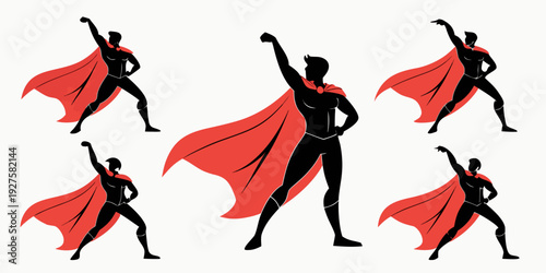 Group of diverse superheroes in dynamic action poses with capes flying Vector