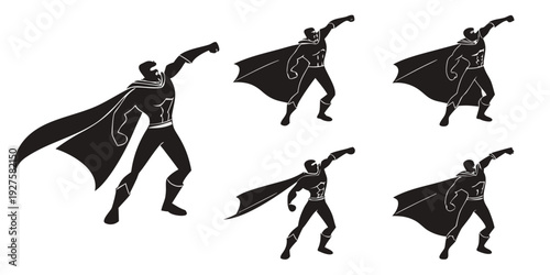 Five dynamic superhero silhouettes in action poses with capes flying Vector