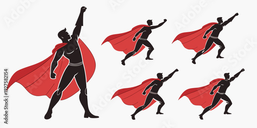 Diverse group of superheroes in dynamic poses with capes flying Vector