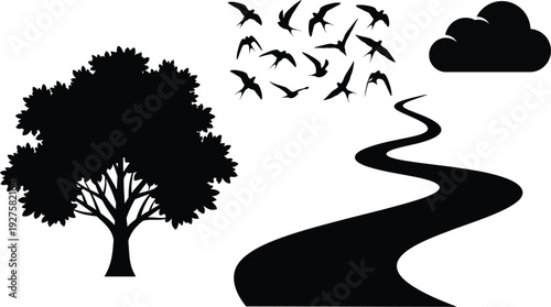 Silhouette of a tree birds flying and a winding road