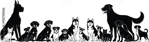 Dog breeds silhouette vector set, group of puppies and adult dogs, isolated on white background, domestic pet collection illustration