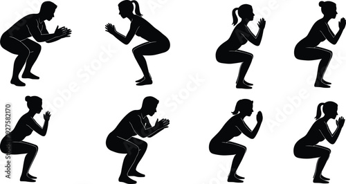 Squat exercise silhouette collection, men and women performing bodyweight fitness workout isolated on white background for training design