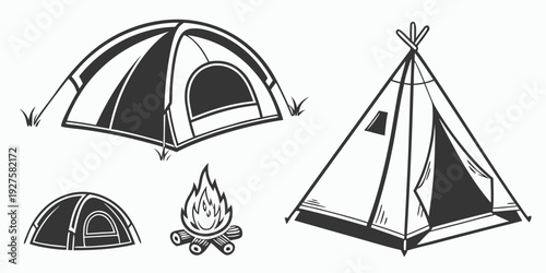 A variety of tents and camping gear illustrated in a simple line drawing style Vector