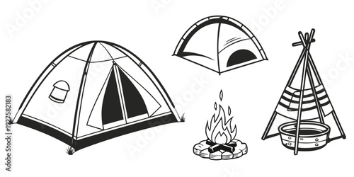 Three different types of camping tents displayed in a row Vector