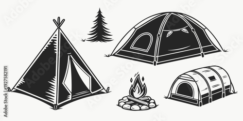 A variety of tents and camping equipment set up in a forested area. Vector