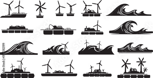 Renewable Energy Symbols Wind Turbines and Ocean Waves Icons