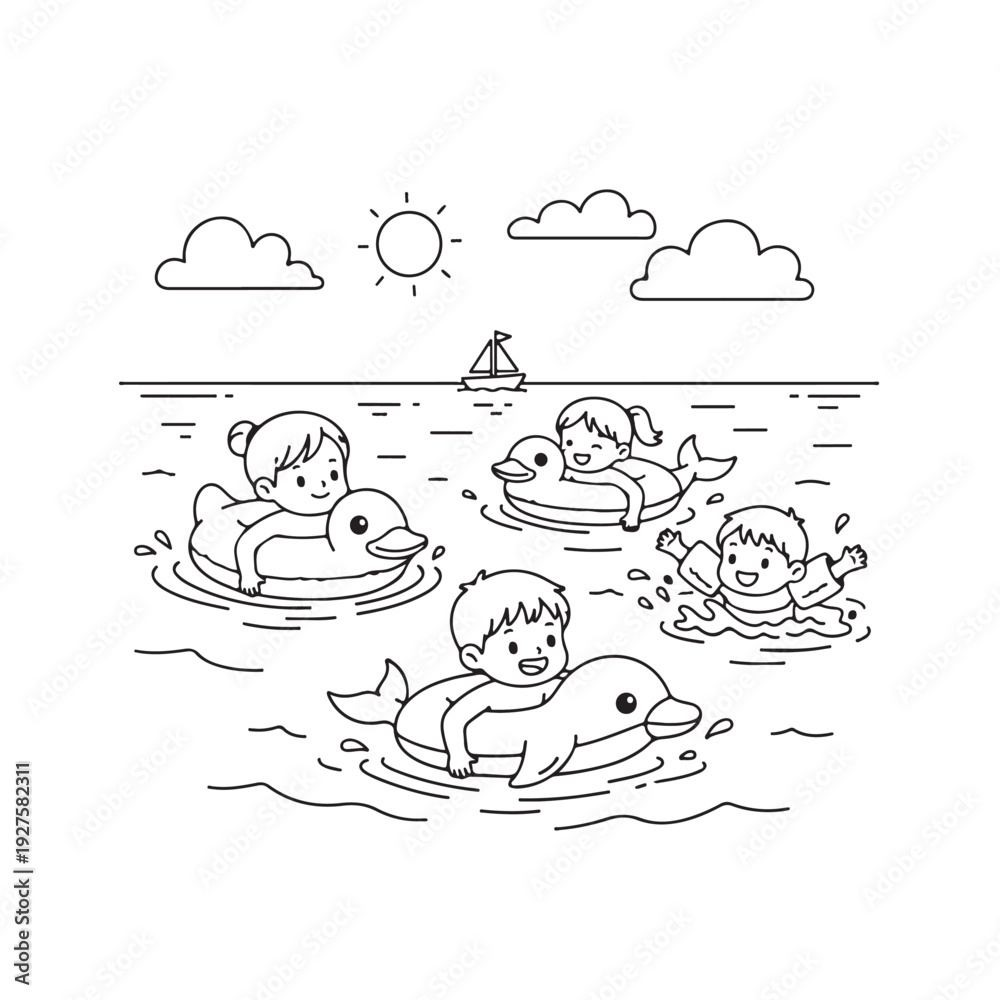 Fototapeta premium Kids Swimming in Sea with Float Rings Cute Summer Beach Coloring Page