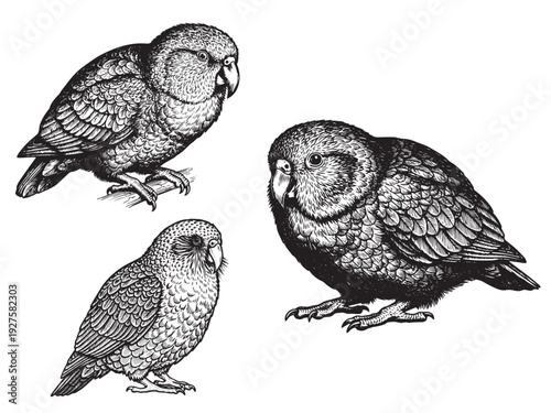 Kakapo parrot engraving illustration rare flightless bird