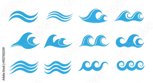 Collection of blue ocean wave vector graphic illustrations for design elements