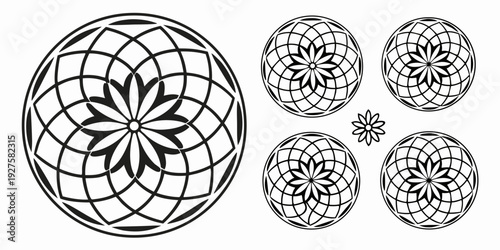 Intricate geometric patterns with a central design and surrounding circles Vector
