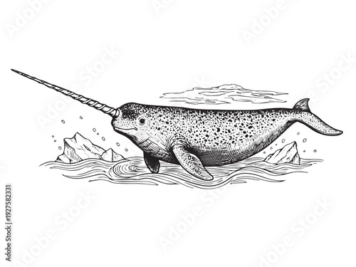 Narwhal side profile engraving illustration arctic mythic whale