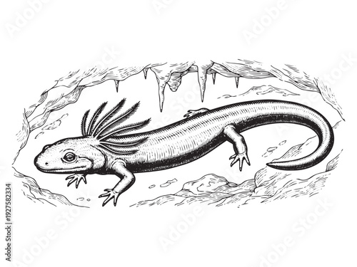 Olm cave salamander engraving illustration blind amphibian tattoo