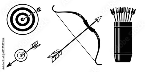 Various archery equipment including targets, arrows, and a bow displayed together Vector