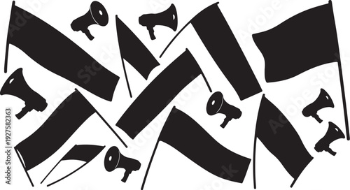 Black flags and megaphones on white background illustration