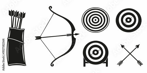 A collection of archery equipment including bows, arrows, and targets. Vector