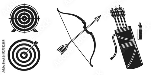 Archery equipment including a bow, arrows, and targets displayed in black and white Vector