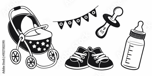 A collection of baby items including a stroller, shoes, a pacifier, and a bottle. Vector