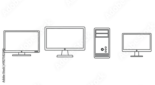 Black outline vector graphic illustration set displaying various desktop computer monitors and tower units