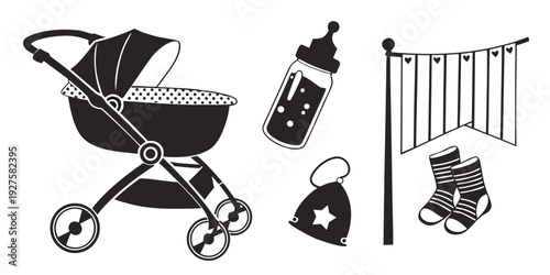 Assorted baby items including a stroller, baby monitor, and crib. Vector