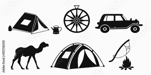 Iconic symbols representing various camping and outdoor adventure activities. Vector