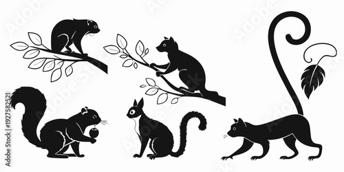 A collection of various black and white cat illustrations in different poses and styles. Vector
