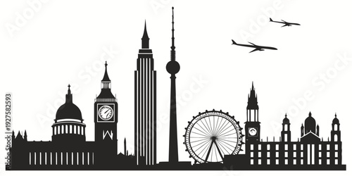 Silhouette of iconic landmarks and a clock against a city skyline with flying planes Vector
