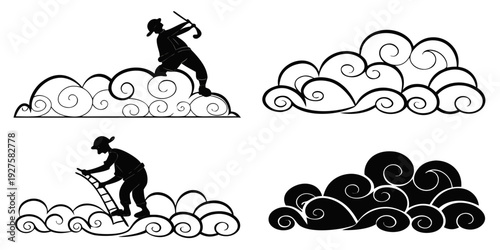 A whimsical illustration of a cat playing with clouds in the sky. Vector