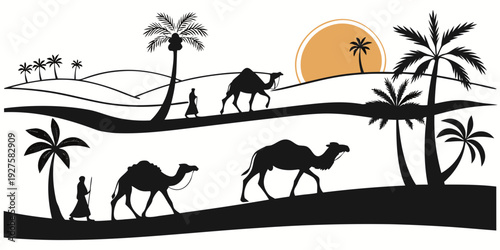 A serene desert landscape with camels and palm trees under a setting sun. Vector