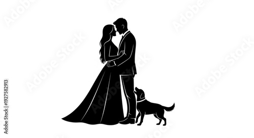 Couple Embracing with Dog Together.