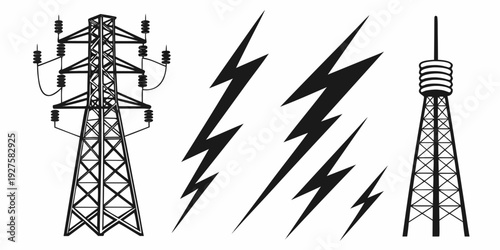 Power lines and lightning bolts against a clear sky background illustration Vector