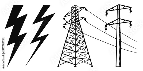 Lightning striking near a power line and electrical tower Vector
