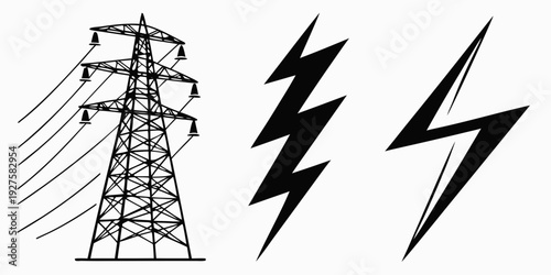 A towering power line structure with a lightning bolt striking nearby Vector
