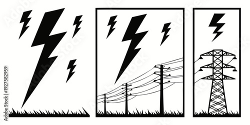 A series of images depicting the progression of a lightning strike to a power line. Vector