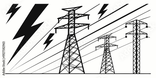 Power lines and lightning strike in a dramatic illustration of electrical energy. Vector