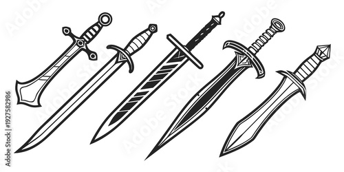 A collection of various knives displayed in a row with different designs and sizes Vector