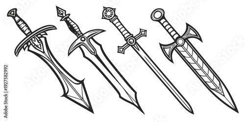 An assortment of medieval weapons including swords and daggers. Vector