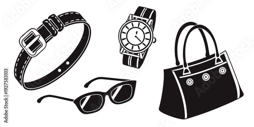 Assorted accessories including a purse, watch, sunglasses, and bracelet Vector