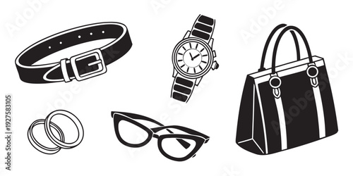 A collection of various accessories including a watch, glasses, and a handbag Vector