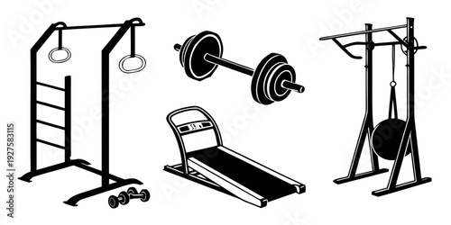 A variety of home gym equipment including a power rack, bench press, and dumbbells. Vector