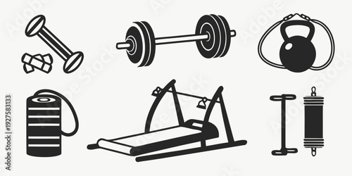 A variety of fitness equipment including dumbbells, barbells, kettlebells, and exercise machines. Vector